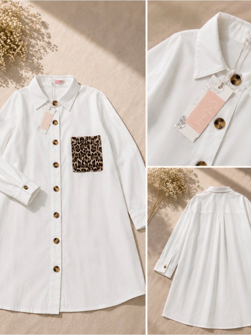 Women’s White Button-Up Shirt Dress with Leopard Chest Pocket